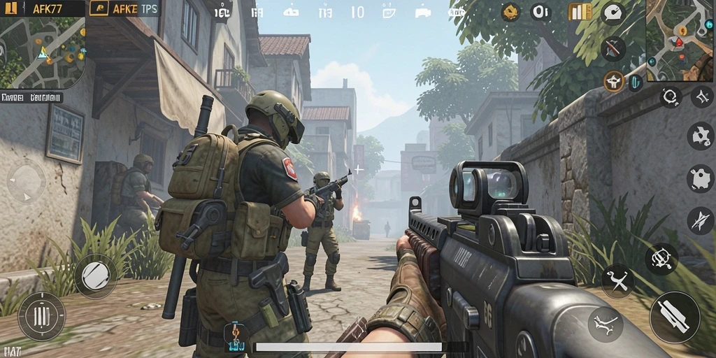 Screenshot utama AFK77 menampilkan aksi gameplay TPS yang intens.