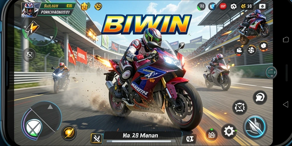 Gameplay <strong>BIWIN</strong> dalam balapan motor yang seru dan mendebarkan.