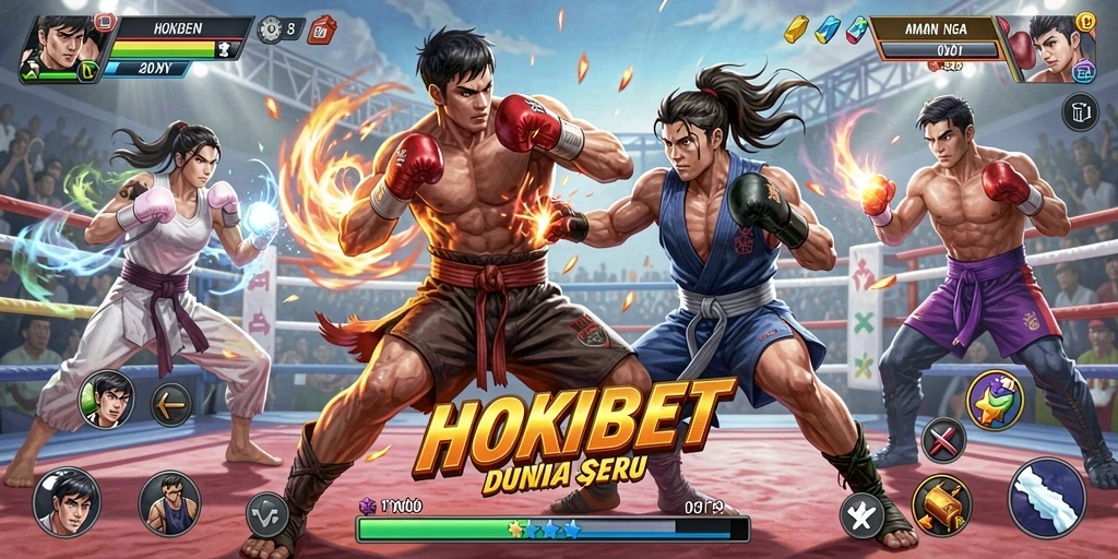 Screenshot gameplay HOKIBET menampilkan pertarungan epik antar karakter.