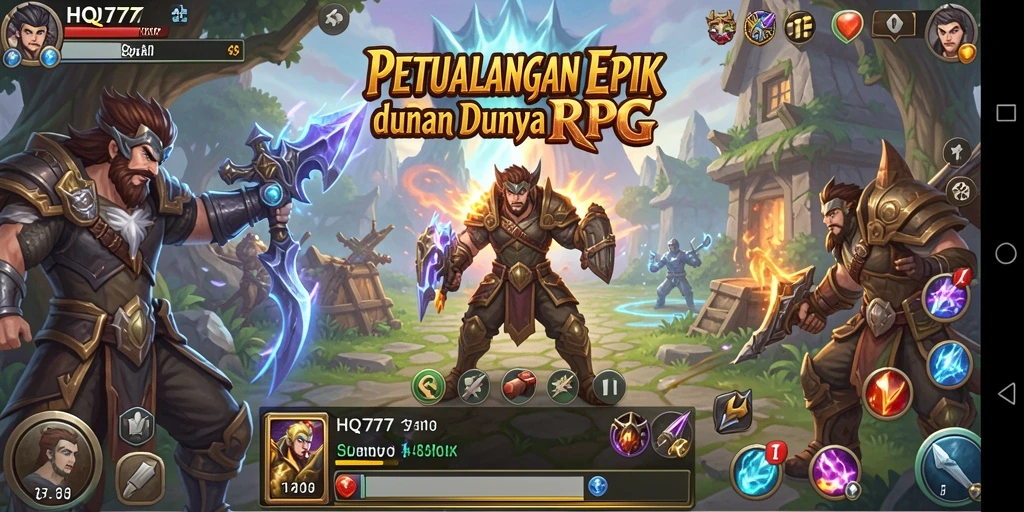 Screenshot gameplay menunjukkan petualangan epik dan pertarungan seru di HQ777.