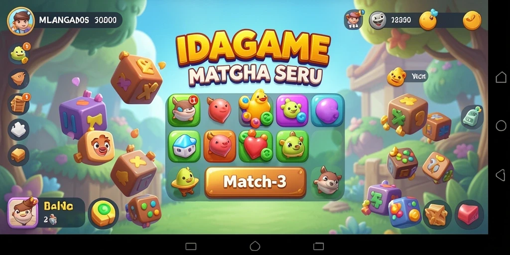 Tampilan gameplay Match-3 IDAGAME yang memukau dan seru.
