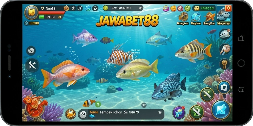 Screenshot utama JAWABET88 menampilkan gameplay Tembak Ikan yang seru.