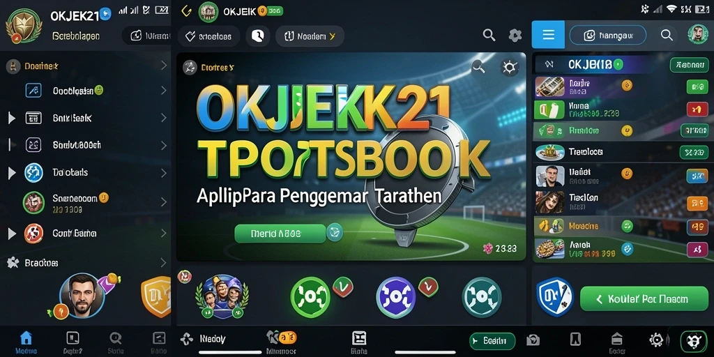 Screenshot utama OKJEK21 menampilkan fitur taruhan Sportsbook yang menarik.
