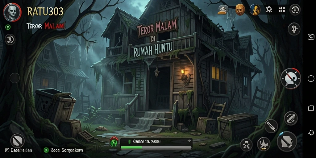 Screenshot gameplay RATU303 menunjukkan suasana mencekam rumah hantu.