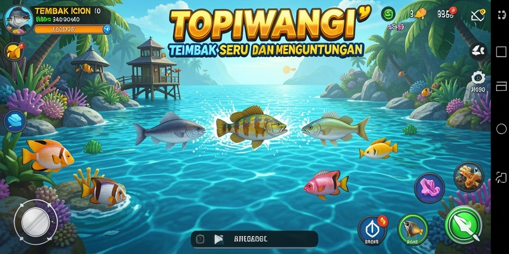 Screenshot gameplay utama dari TOPIWANGI yang menampilkan aksi menembak ikan.