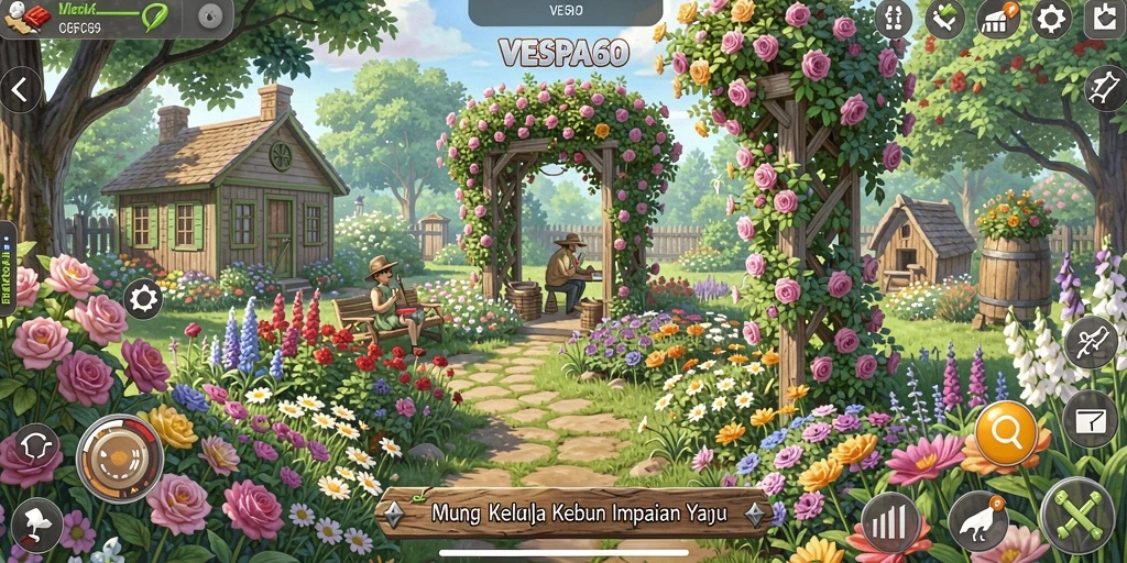 Screenshot utama VESPA69 menampilkan aksi berkebun yang seru dan interaktif.